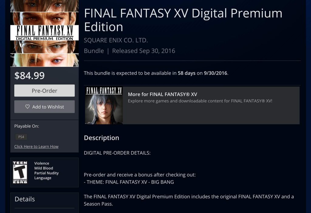 Final Fantasy XV Digital Premium Edition Pre-Order Bonuses Revealed