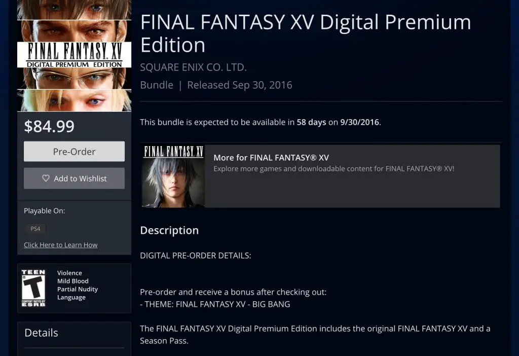Final Fantasy XV Digital Premium Edition Pre-Order Bonuses Revealed